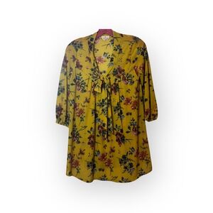 Ember Floral Print Tie Neck Long‎ Sleeve Mini Dress Yellow Womens Size Small